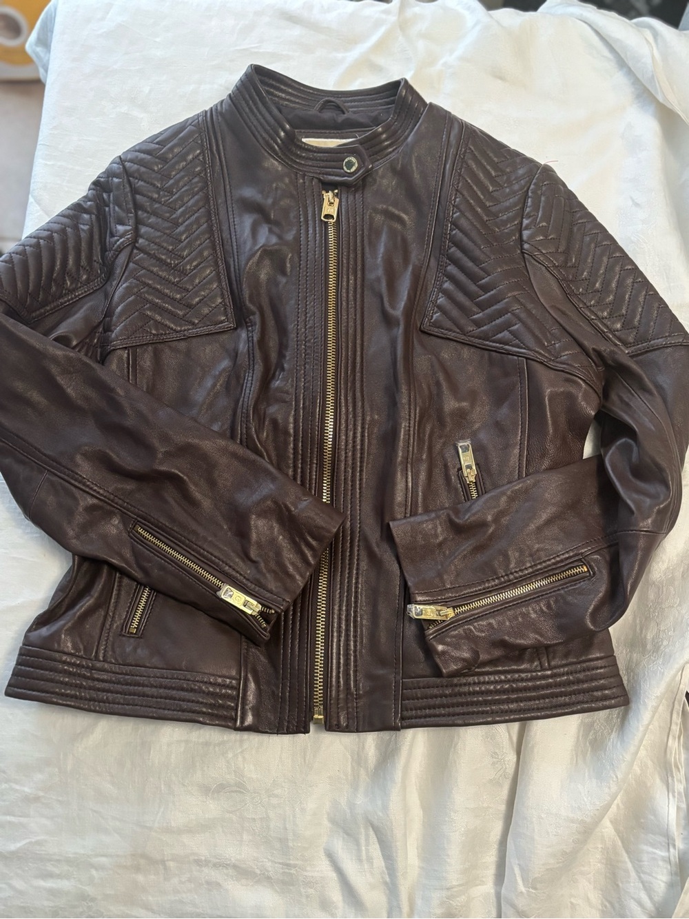 Michael Kors Chocolate Brown Quilted Leather Moto Jacket
